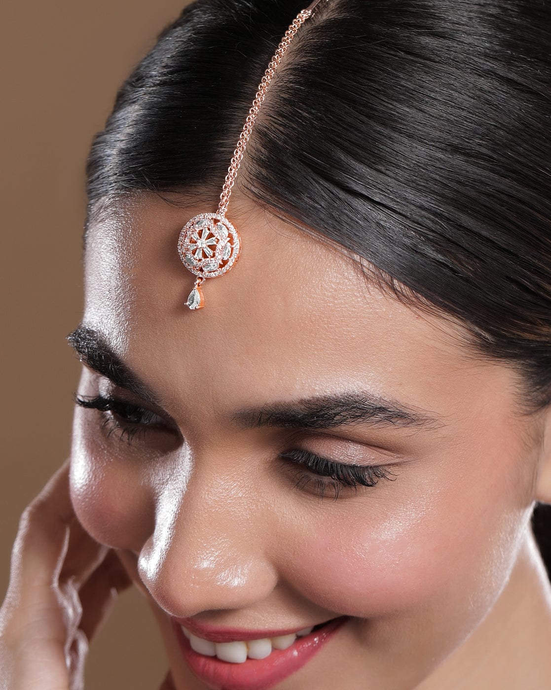 Wentra 18K Rose Gold-Plated White & Cubic Zirconia Studded Designer Maang Tikka