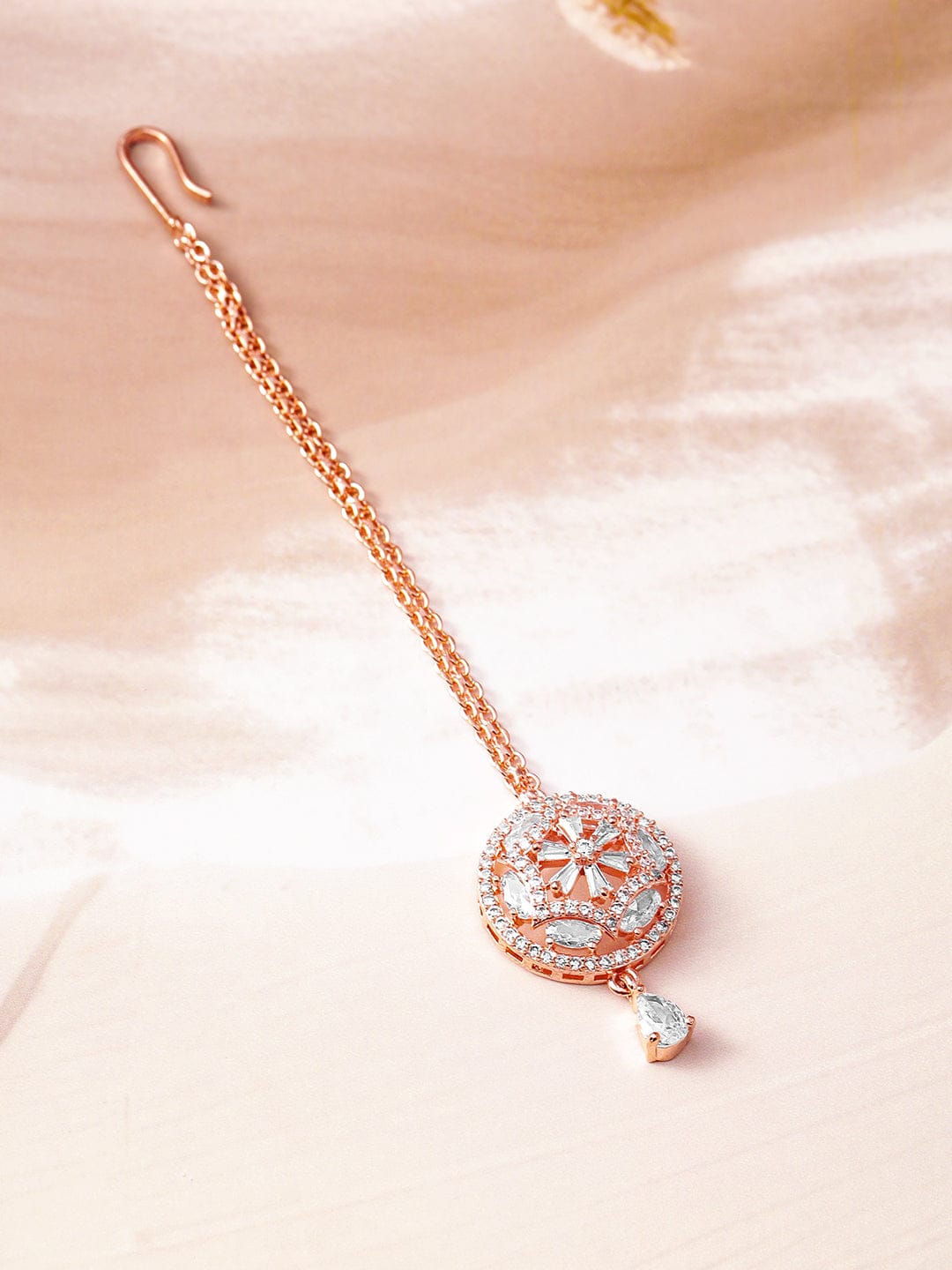 Wentra 18K Rose Gold-Plated White & Cubic Zirconia Studded Designer Maang Tikka