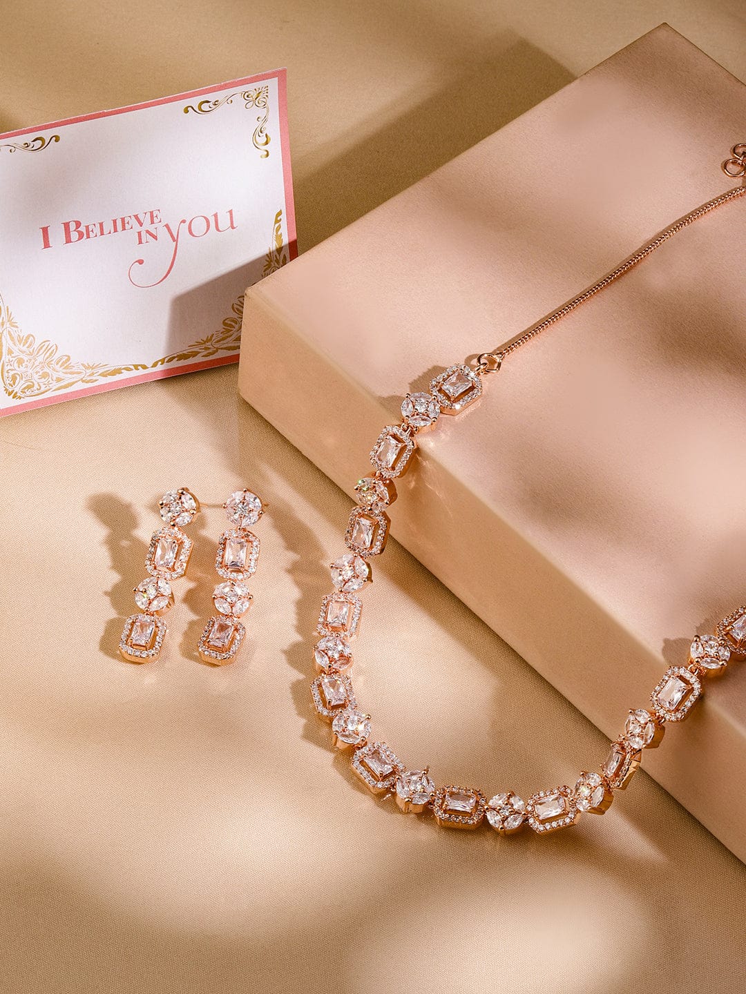 American Diamond Zirconia Rose Gold Necklace Set