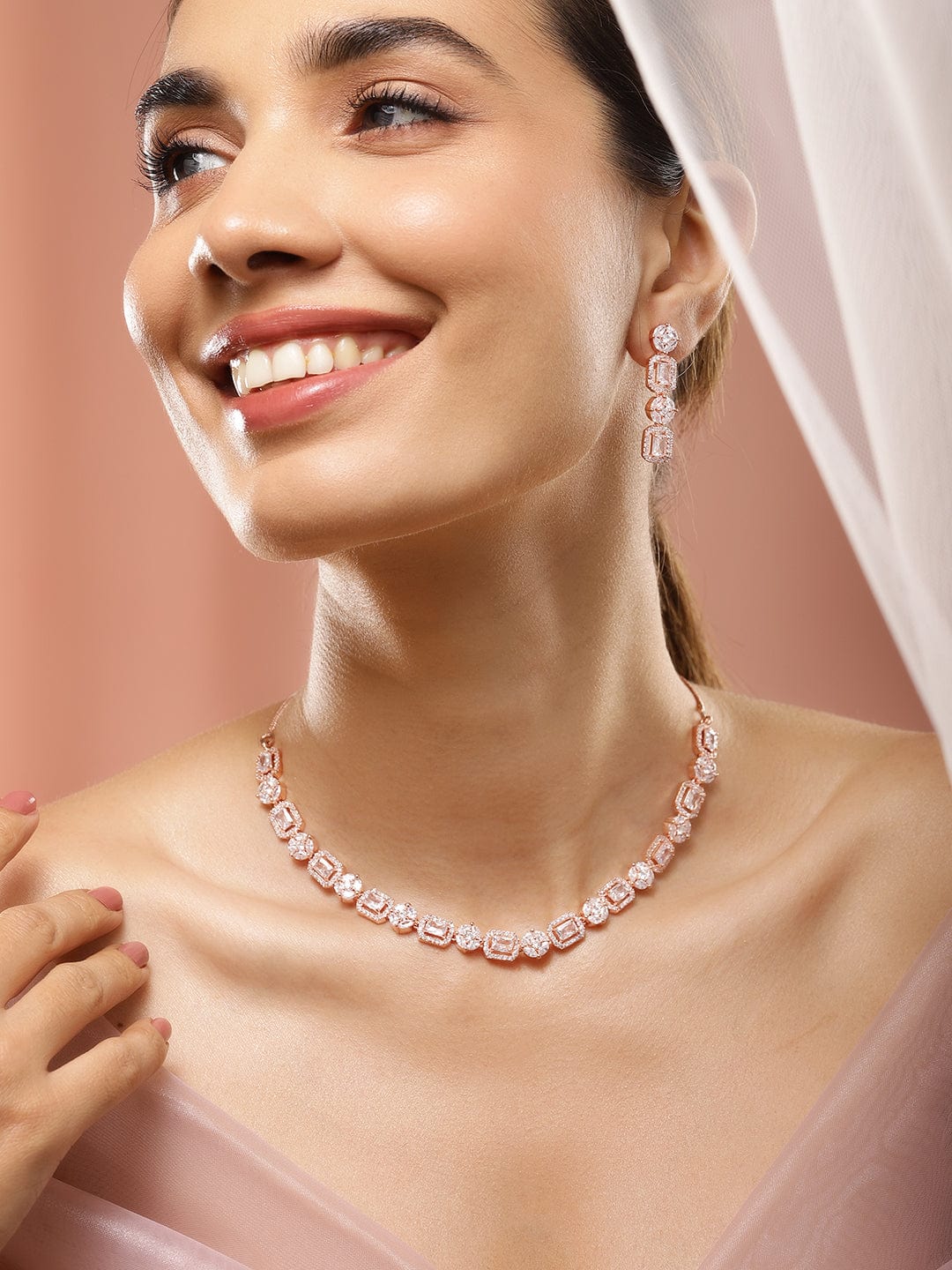 American Diamond Zirconia Rose Gold Necklace Set