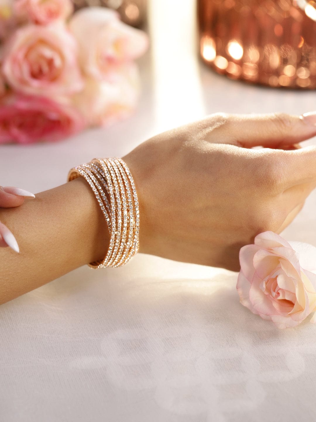 Wentra Rhodium-Plated Cubic Zirconia Stone Studded Cuff Openable Bracelet