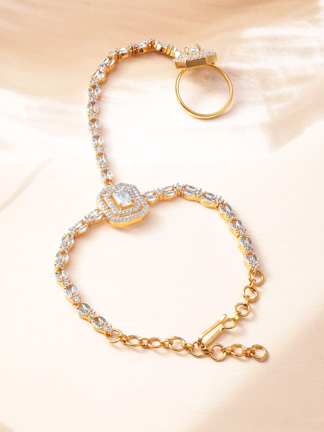 Wentra 18KT Gold-Plated Cubic Zirconia Studded Hand Harness Ring Bracelet