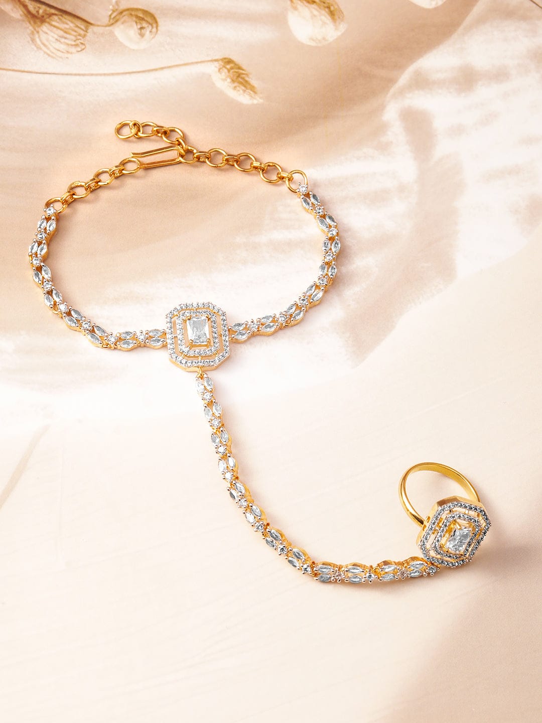 Wentra 18KT Gold-Plated Cubic Zirconia Studded Hand Harness Ring Bracelet