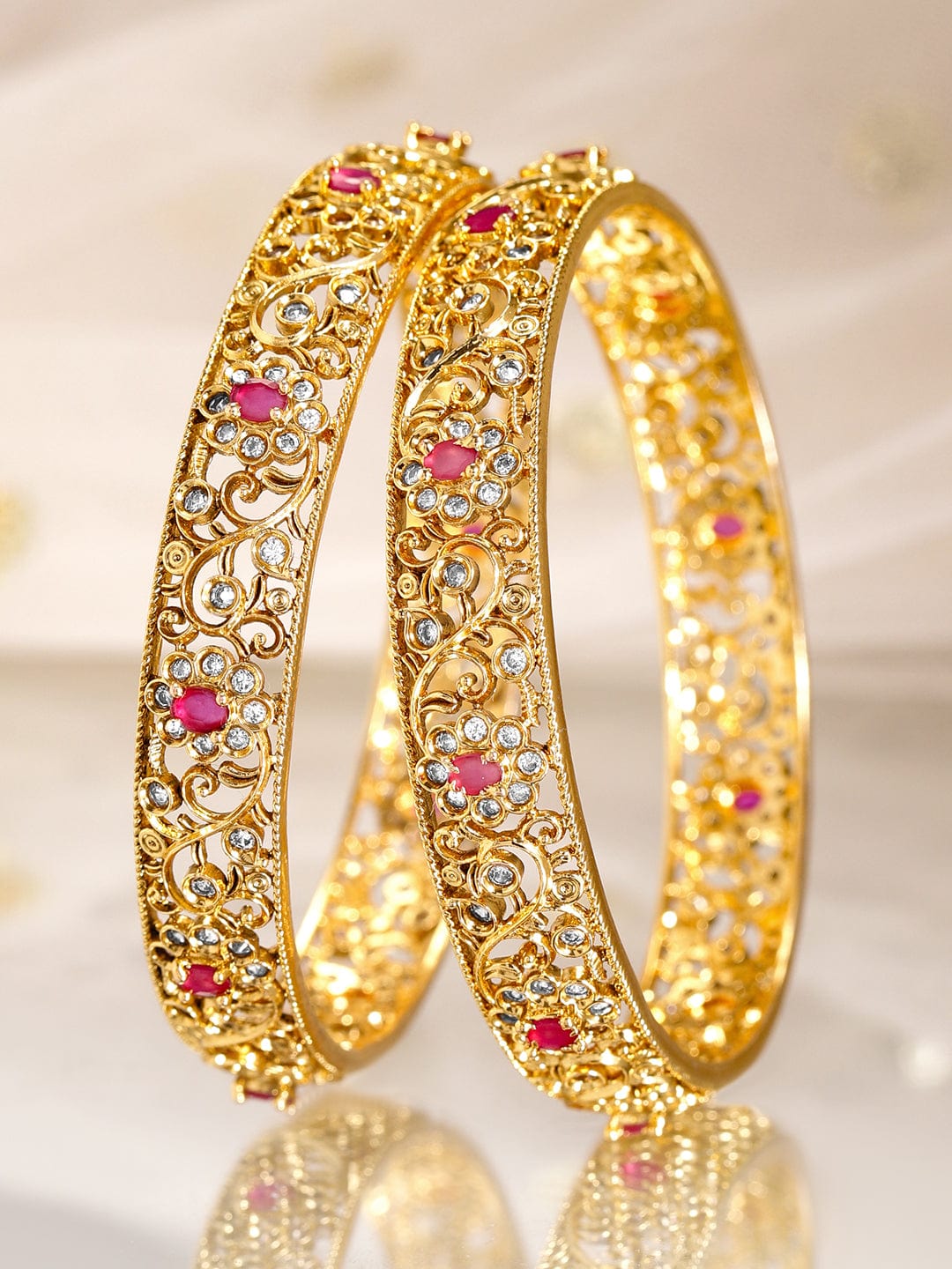 Wentra 2 Pieces 22KT Gold-Plated CZ Stone Studded Bangles