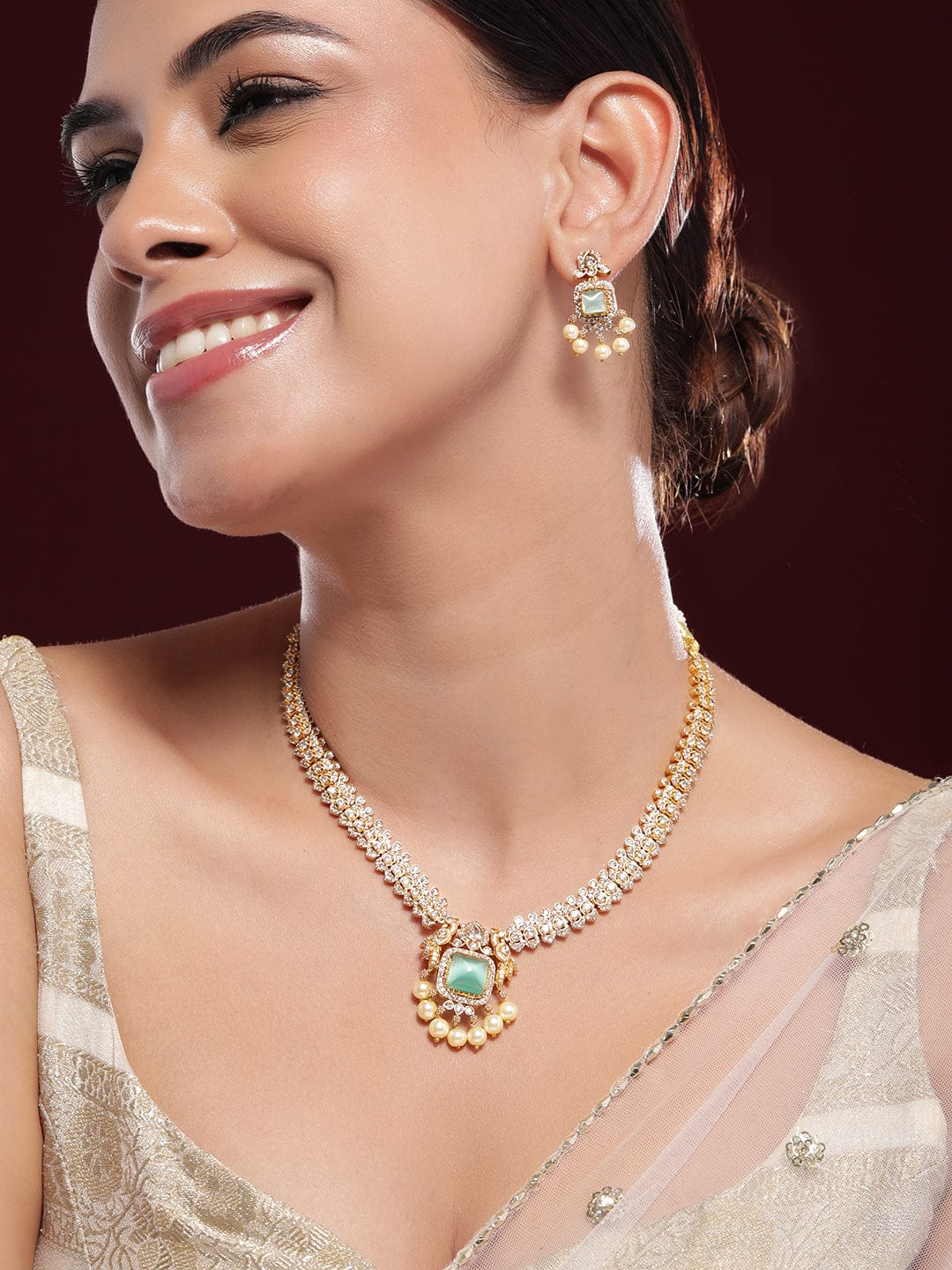 American Diamond Zirconia Green Accented Necklace Set