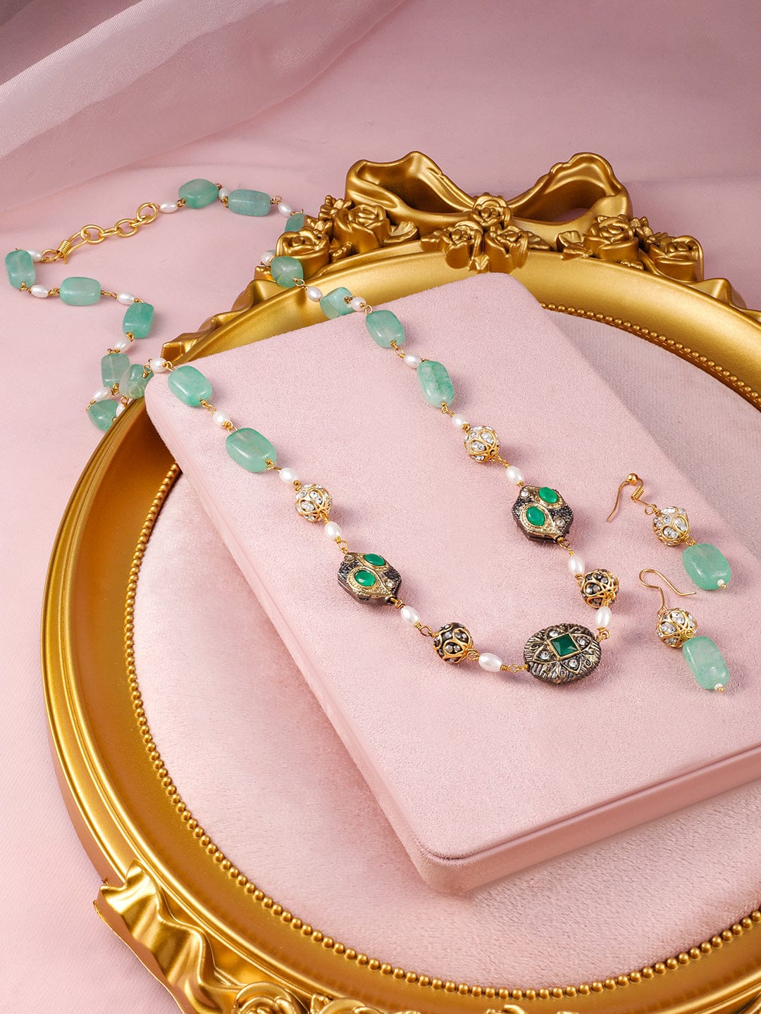 Green Beaded Long Necklace Set