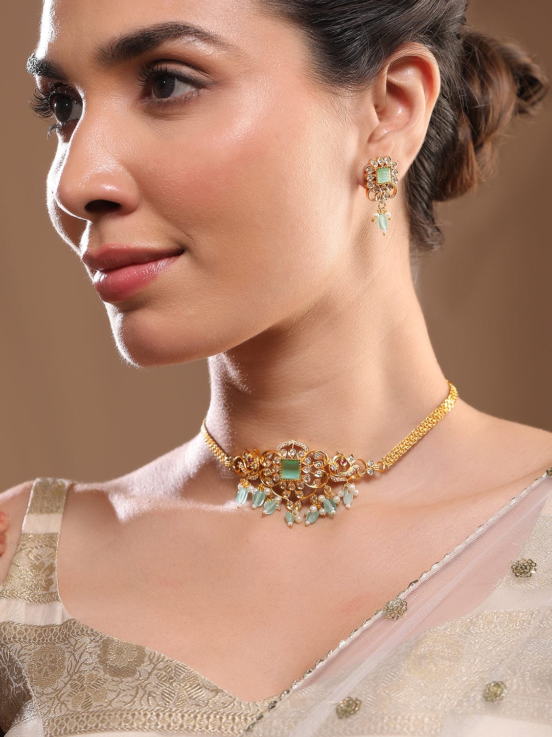 American Diamond Zirconia Green Beads Necklace Set
