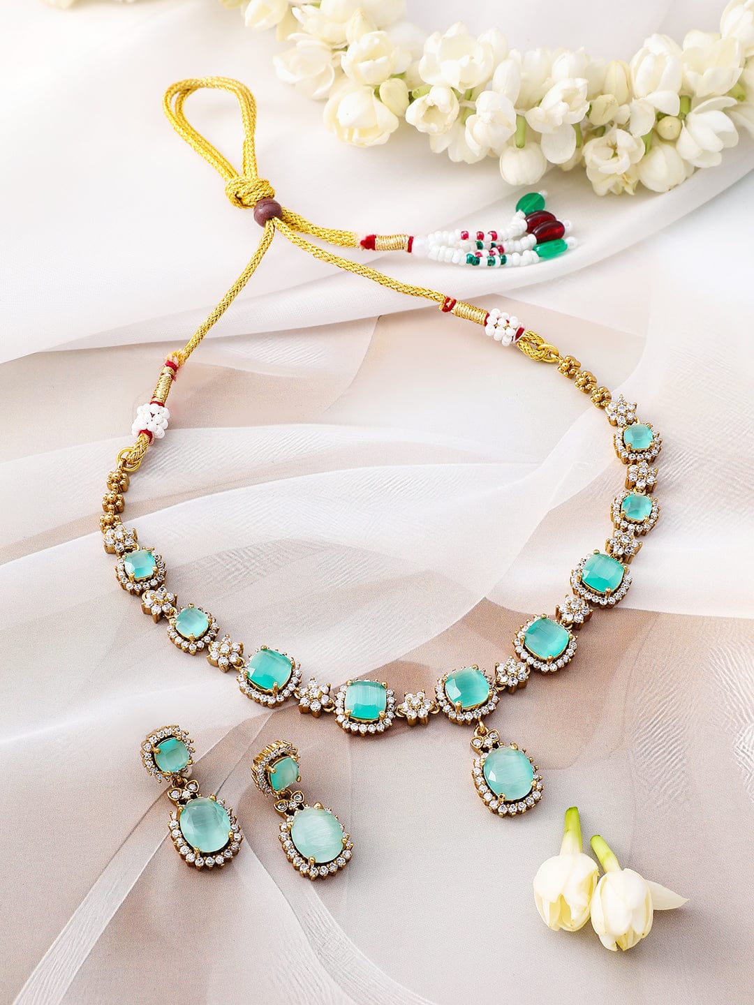 Blue Studded American Diamond Zirconia Necklace Set