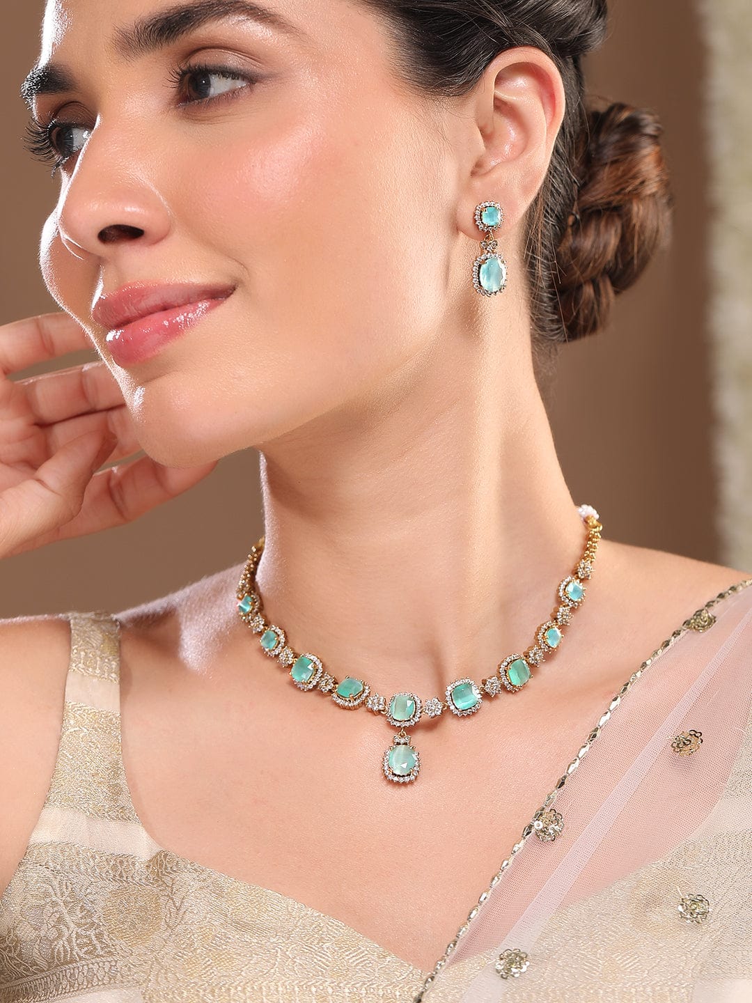 Blue Studded American Diamond Zirconia Necklace Set