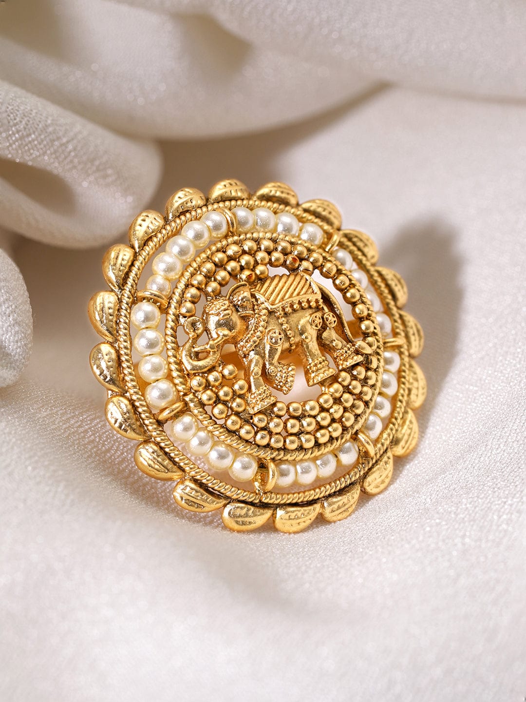 Wentra 22K Gold-Plated Beaded Elephant Charm Finger Ring