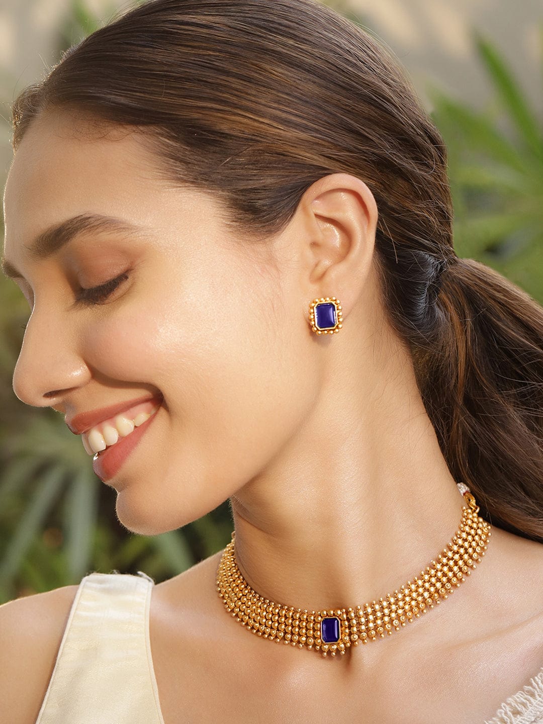 Blue Studded Golden Necklace Set
