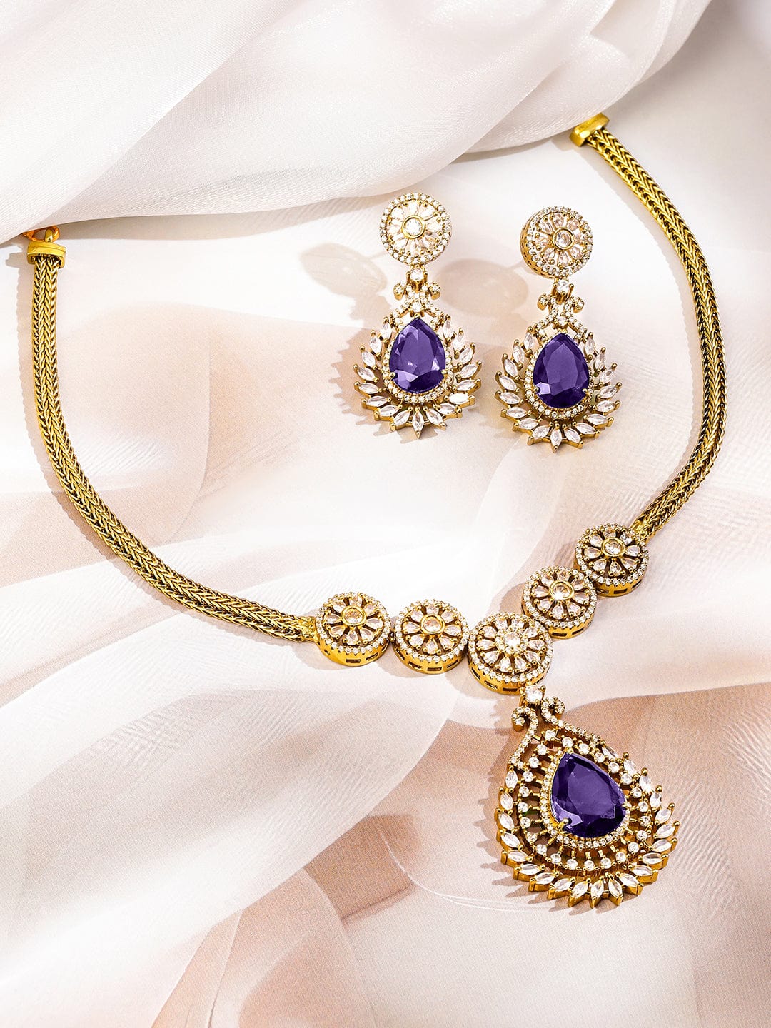Purple American Diamond Zirconia Gold Necklace Set
