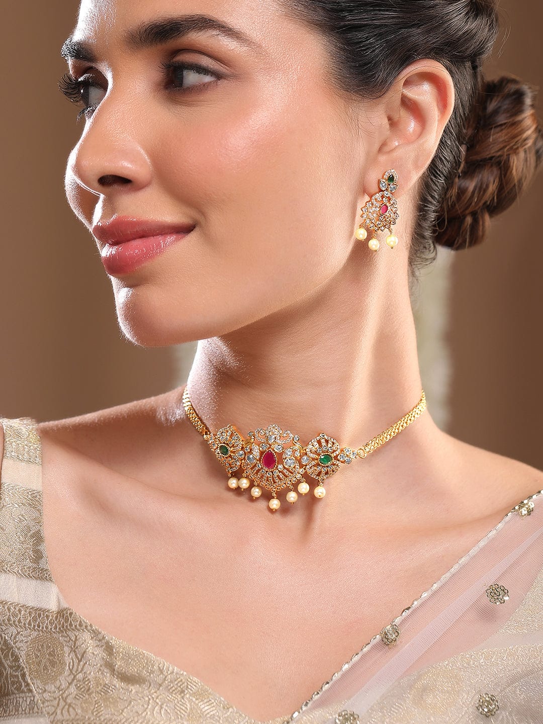 American Diamond Zirconia Necklace Gold Toned Set