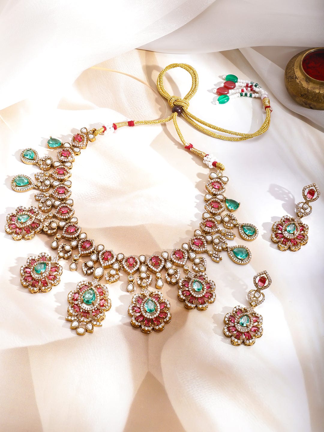 Ethnic Charm Pink-Green Necklace Set