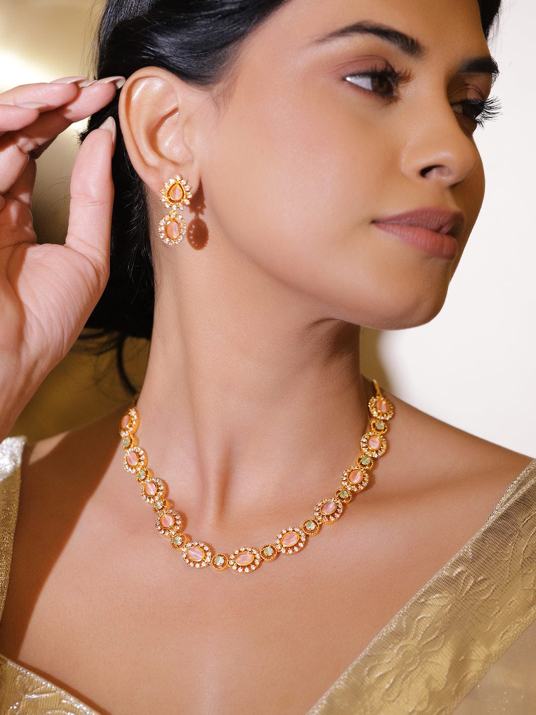 Pink Studded American Diamond Zirconia Necklace Set