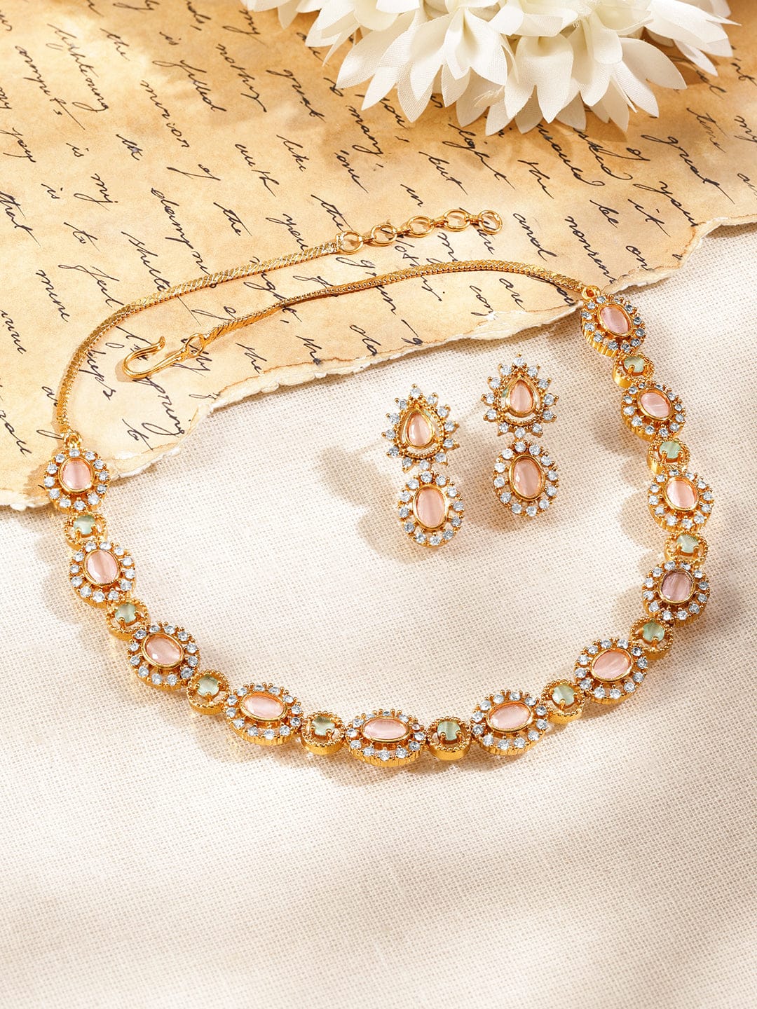 Pink Studded American Diamond Zirconia Necklace Set