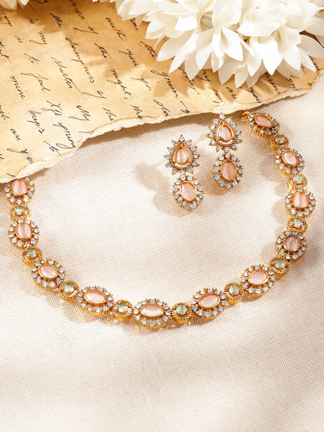 Pink Studded American Diamond Zirconia Necklace Set