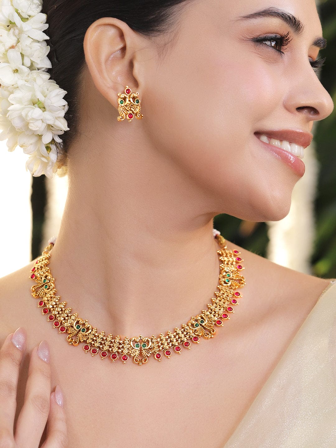 Red & Green Studded Gold Necklace Set