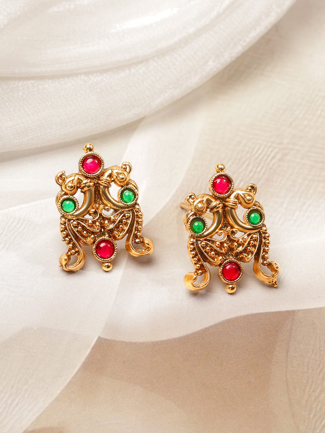 Red & Green Studded Gold Necklace Set