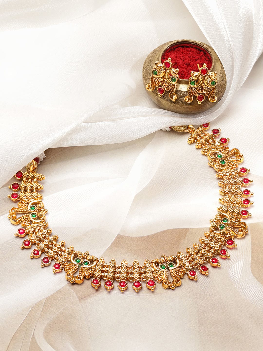 Red & Green Studded Gold Necklace Set
