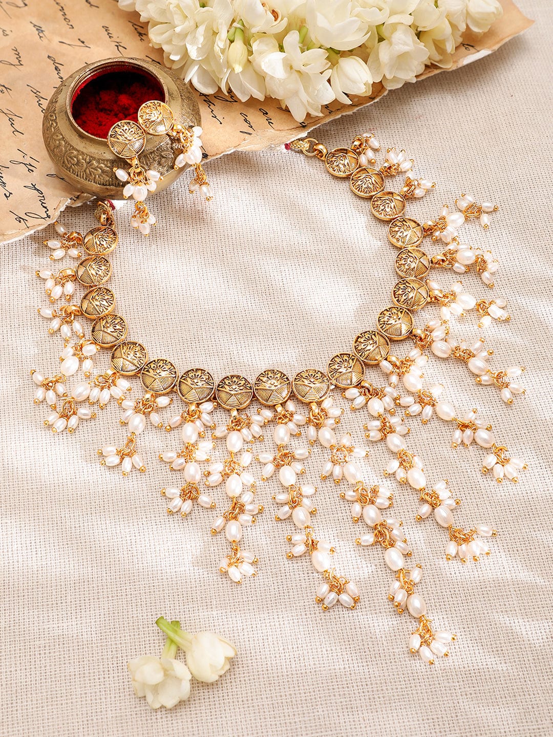 Pearl Beaded Gold Necklace Set