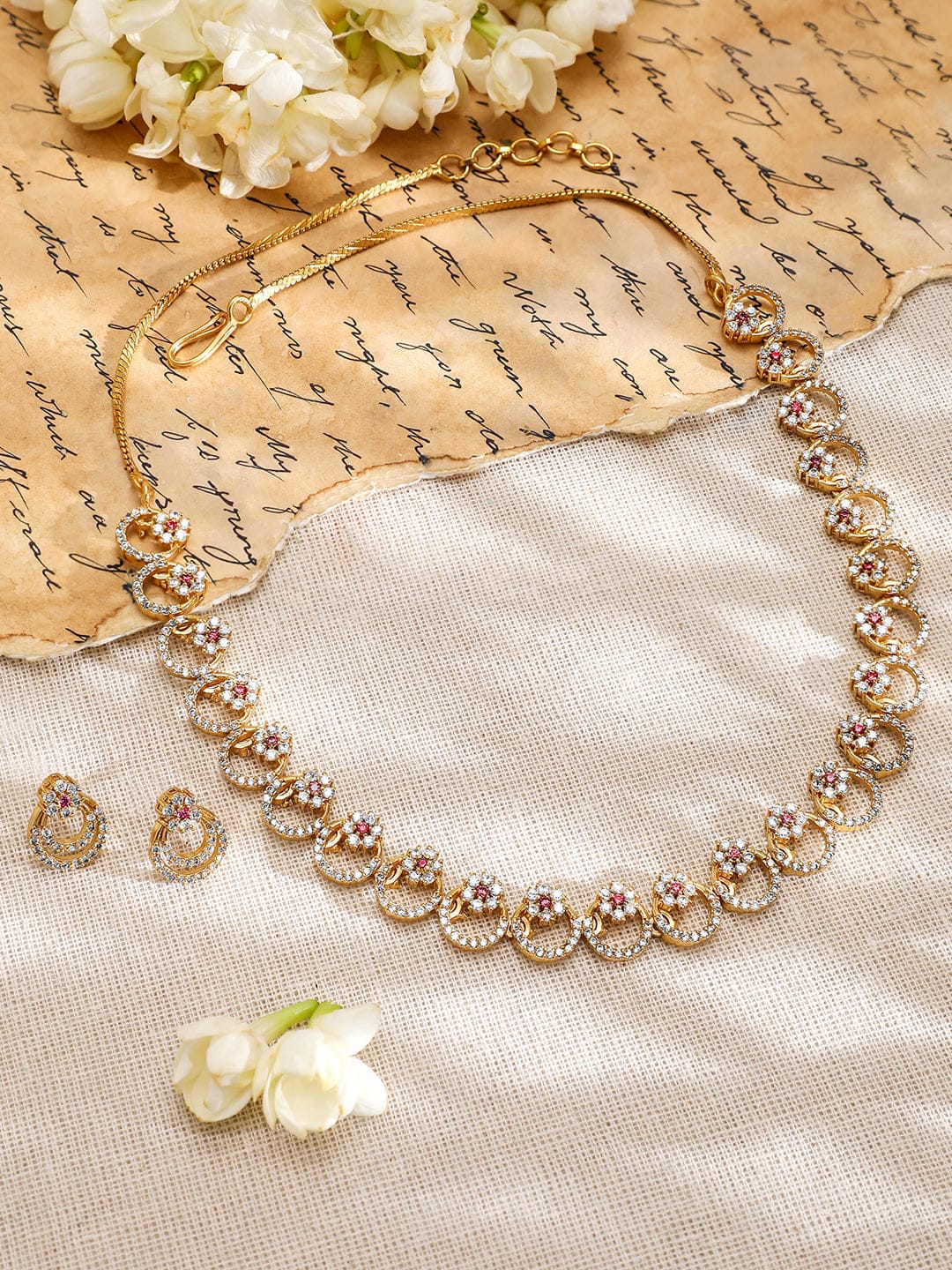 American Diamond Zirconia Pink Accented Necklace Set