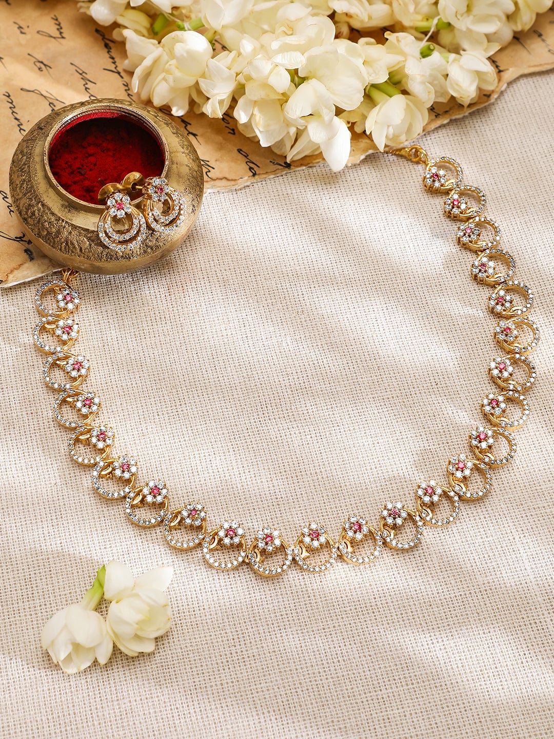 American Diamond Zirconia Pink Accented Necklace Set