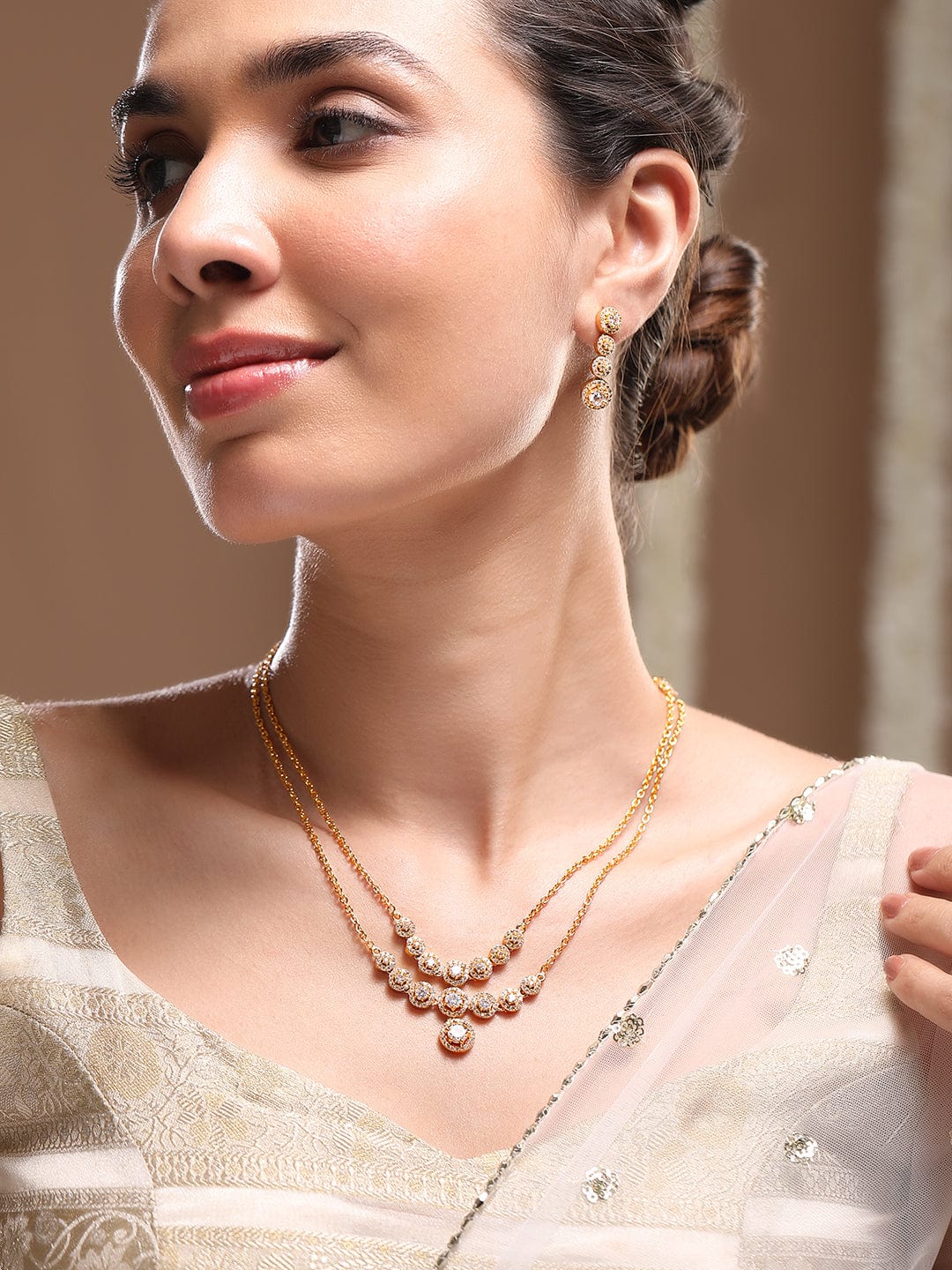 American Diamond Zirconia Layered Gold Necklace Set