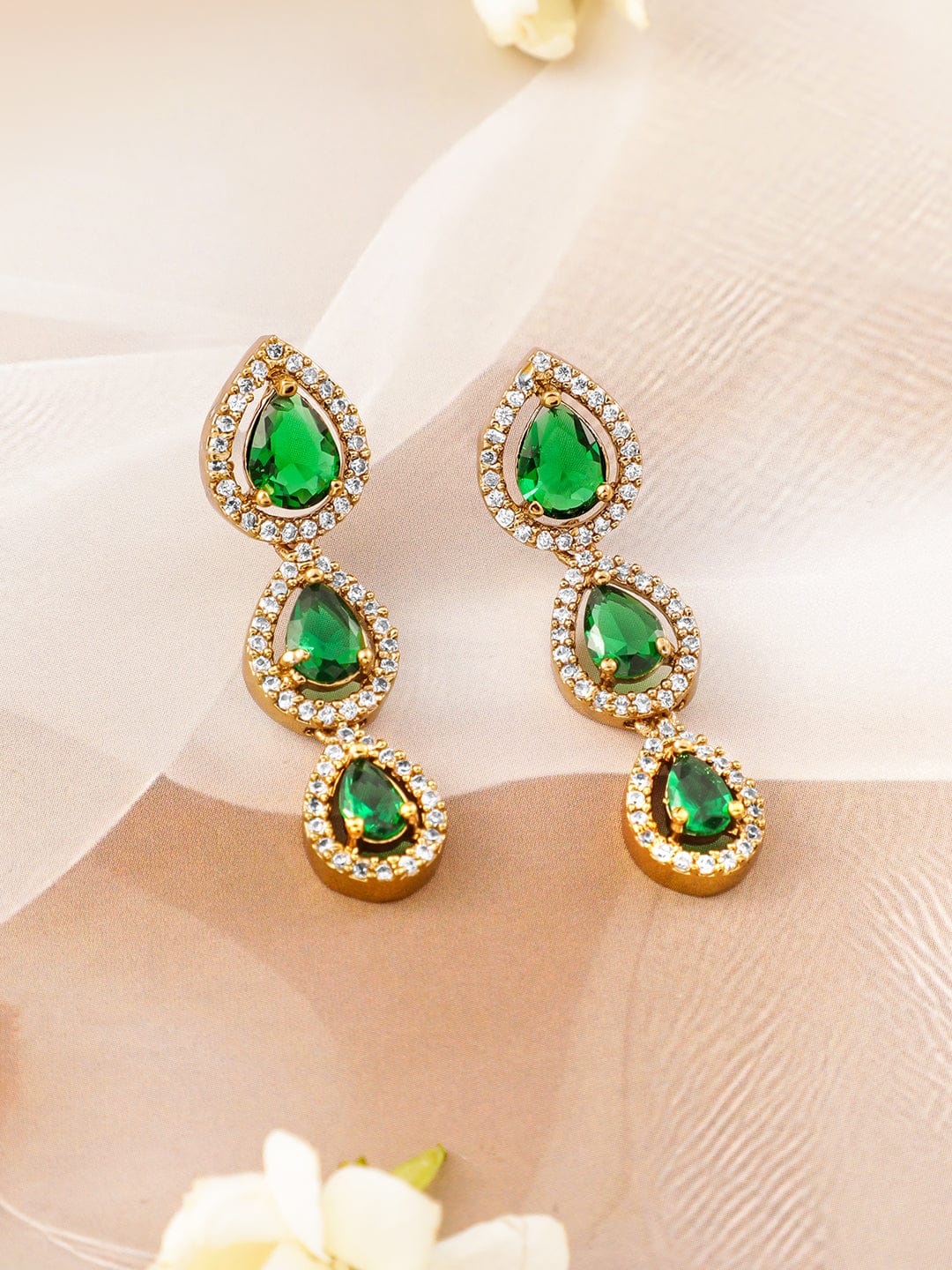 American Diamond Zirconia Green Tear Drop Necklace Set