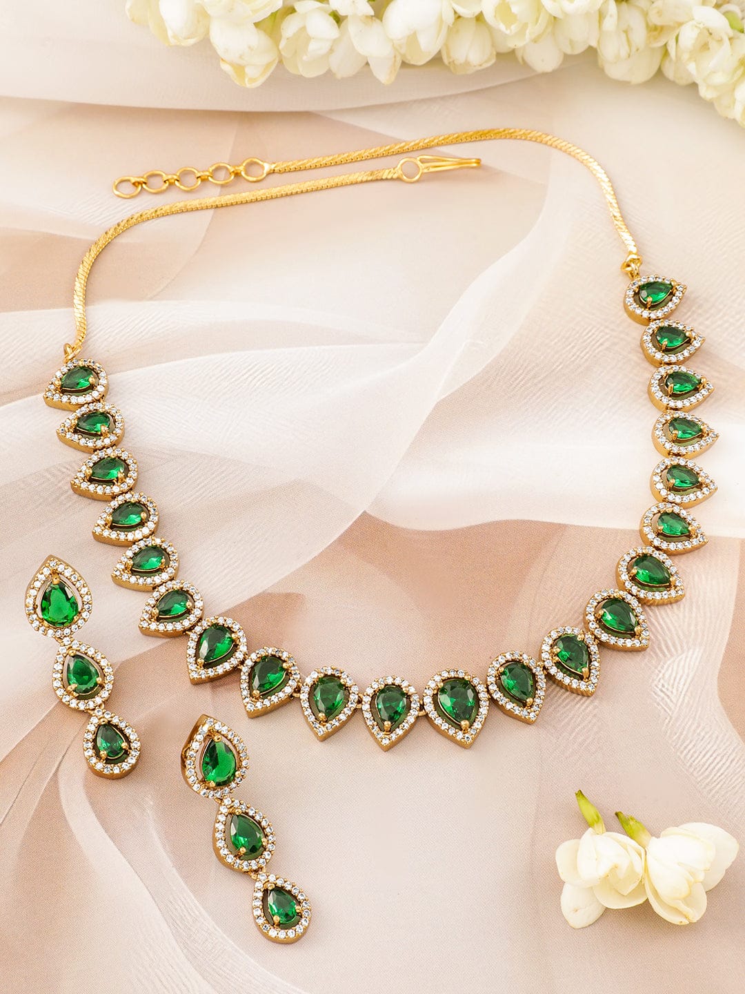 American Diamond Zirconia Green Tear Drop Necklace Set