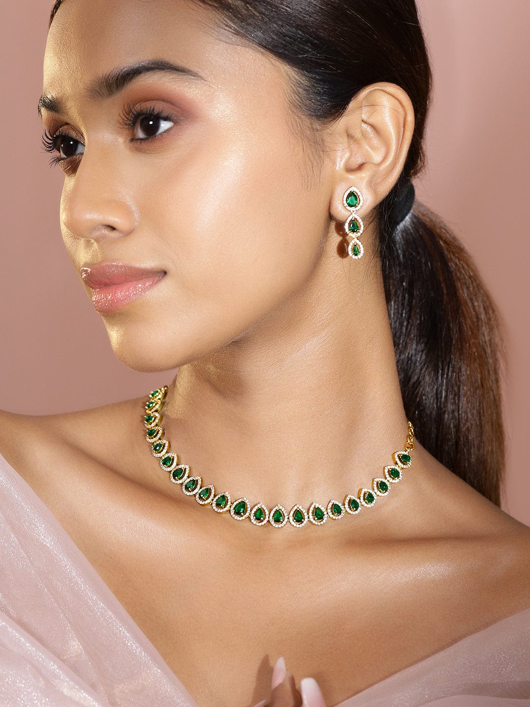 American Diamond Zirconia Green Tear Drop Necklace Set