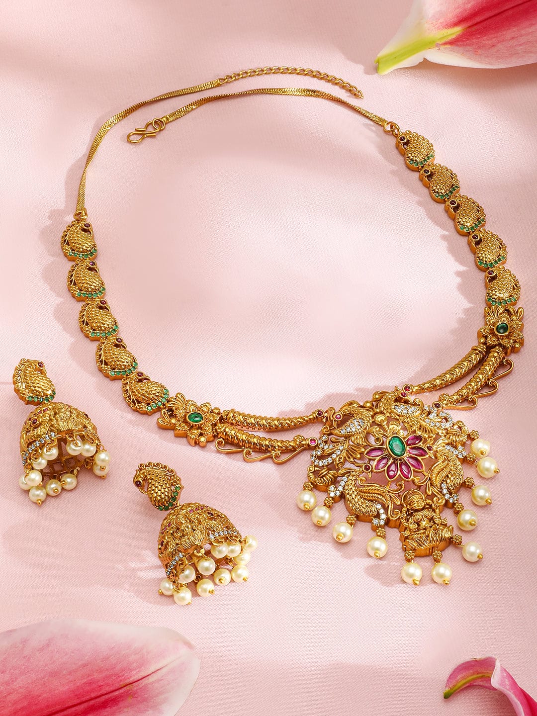 Pink & Green Laxmi Motif Golden Necklace Set
