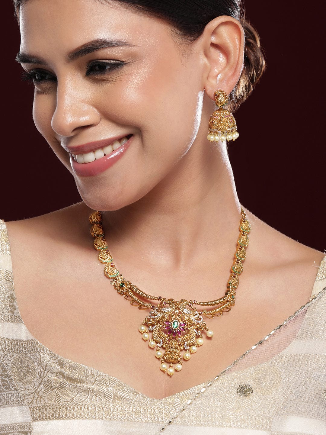 Pink & Green Laxmi Motif Golden Necklace Set