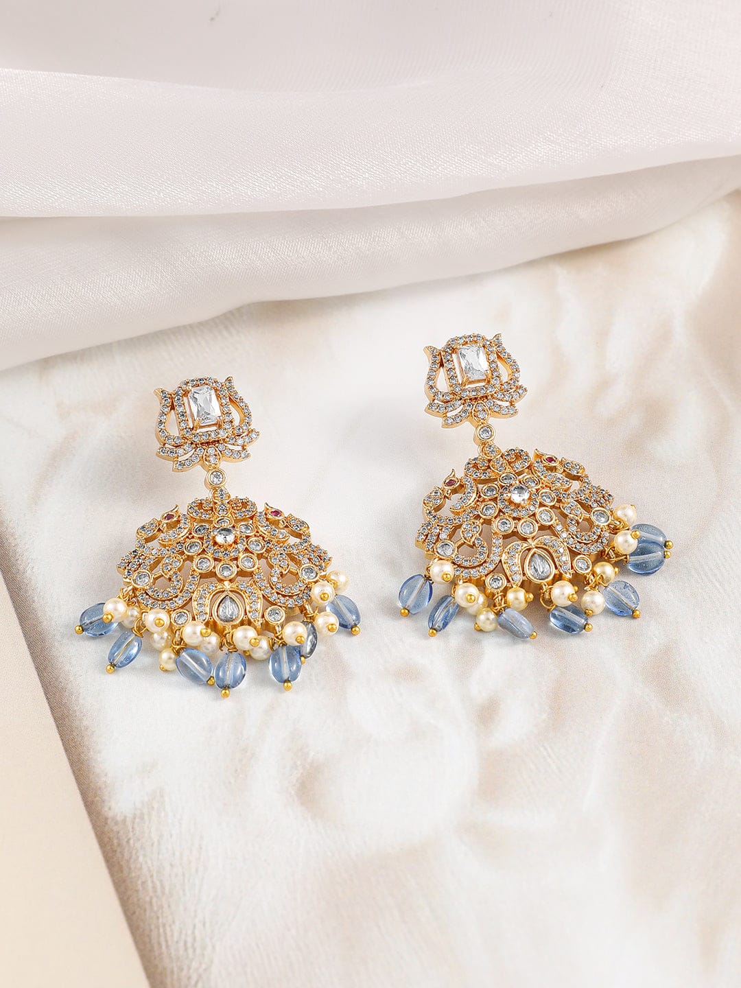 American Diamond Zirconia Blue Pearl Drops Necklace Set