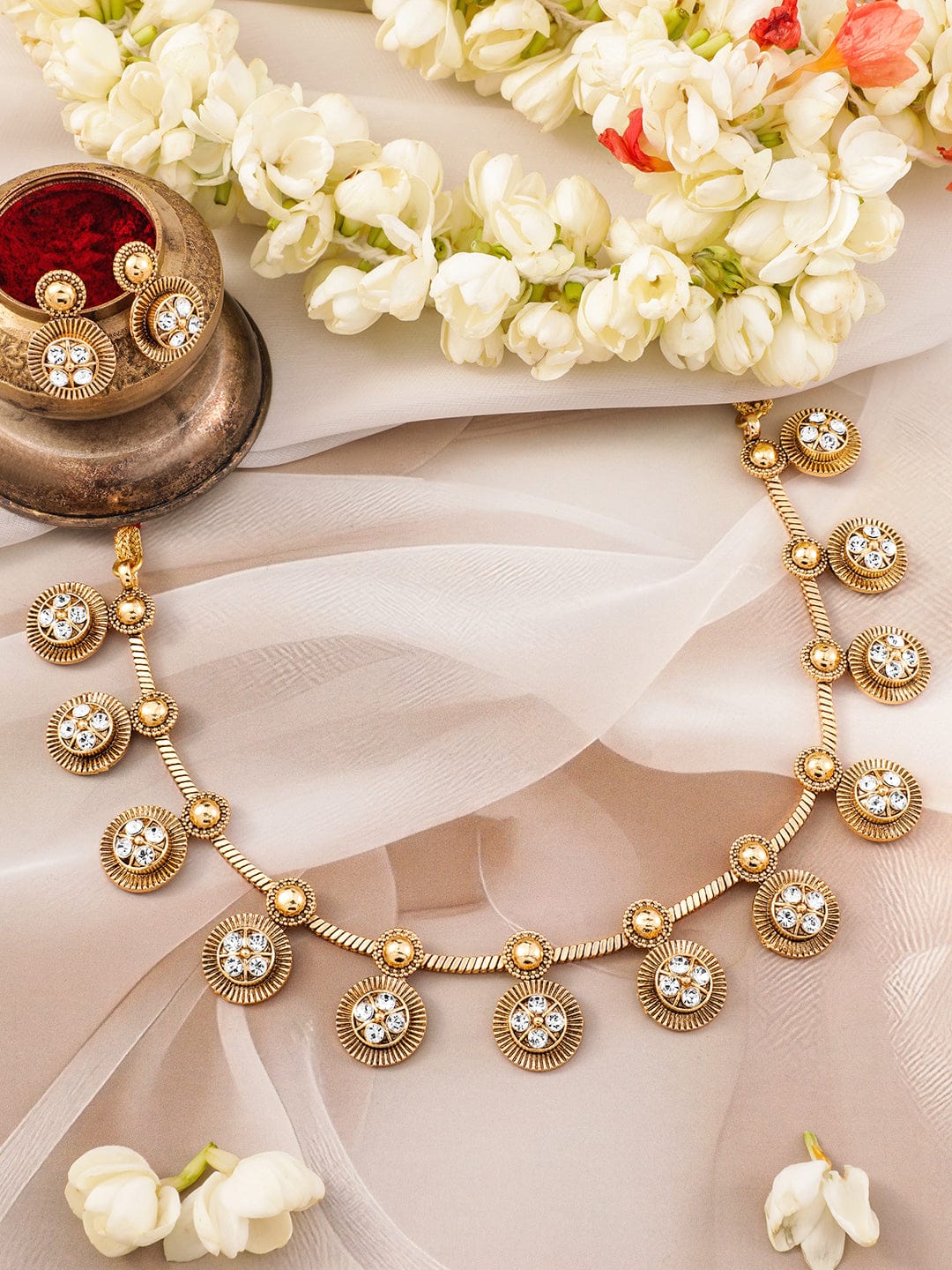 White Beaded Golden Necklace Set