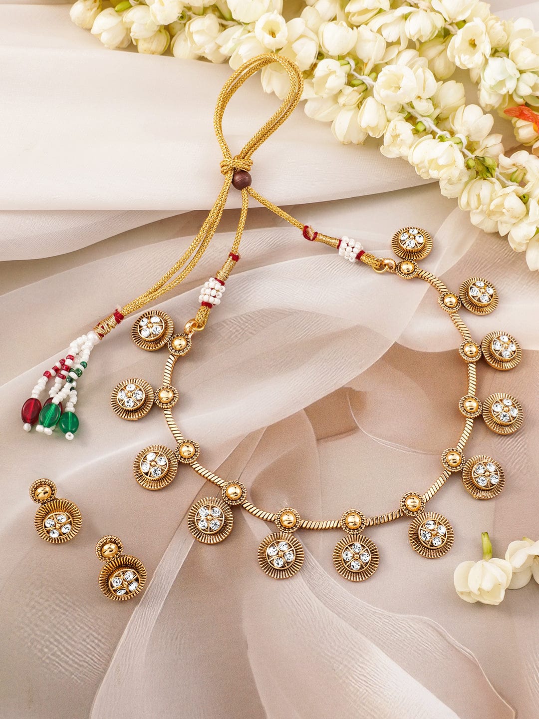 White Beaded Golden Necklace Set
