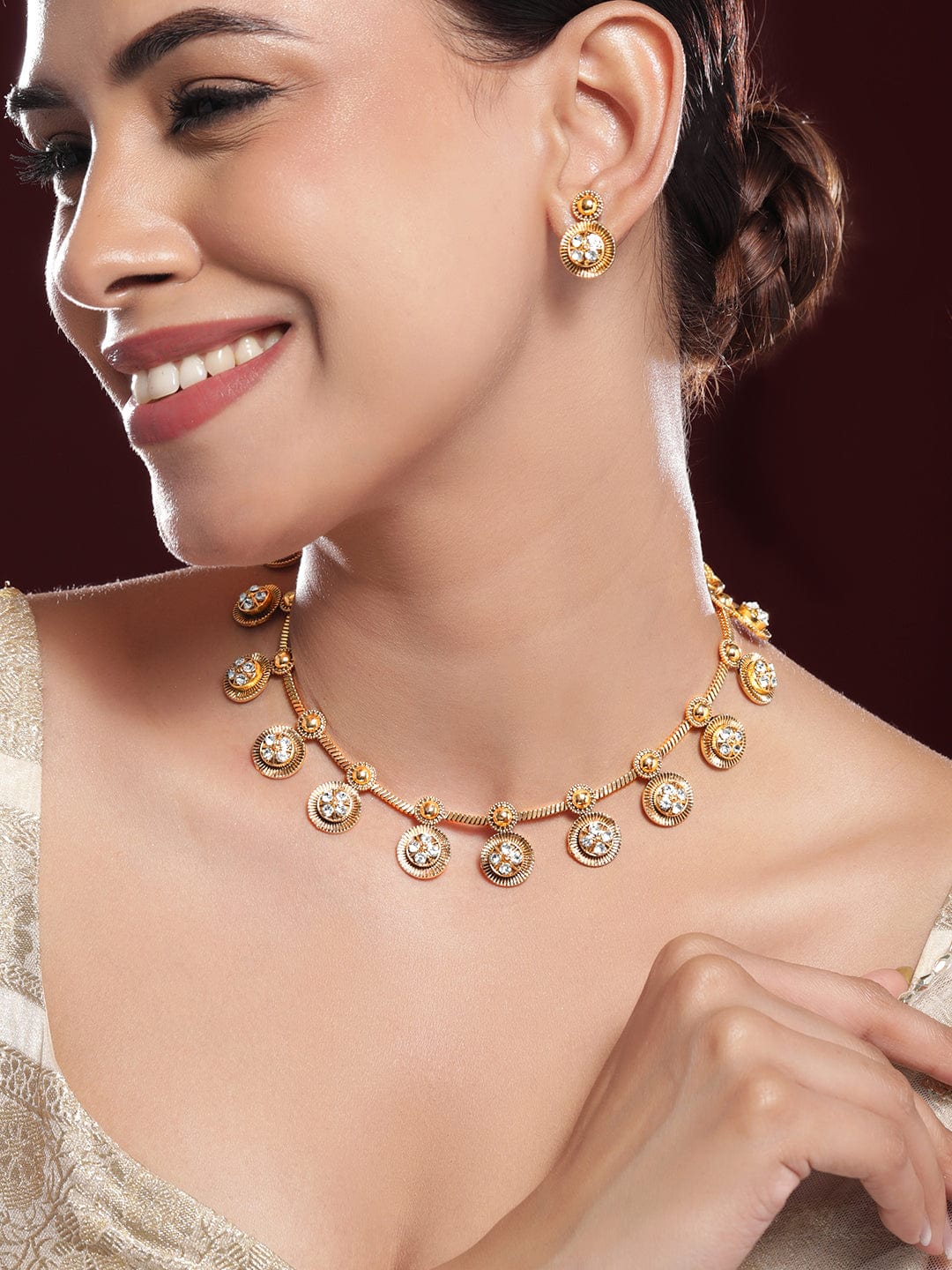 White Beaded Golden Necklace Set