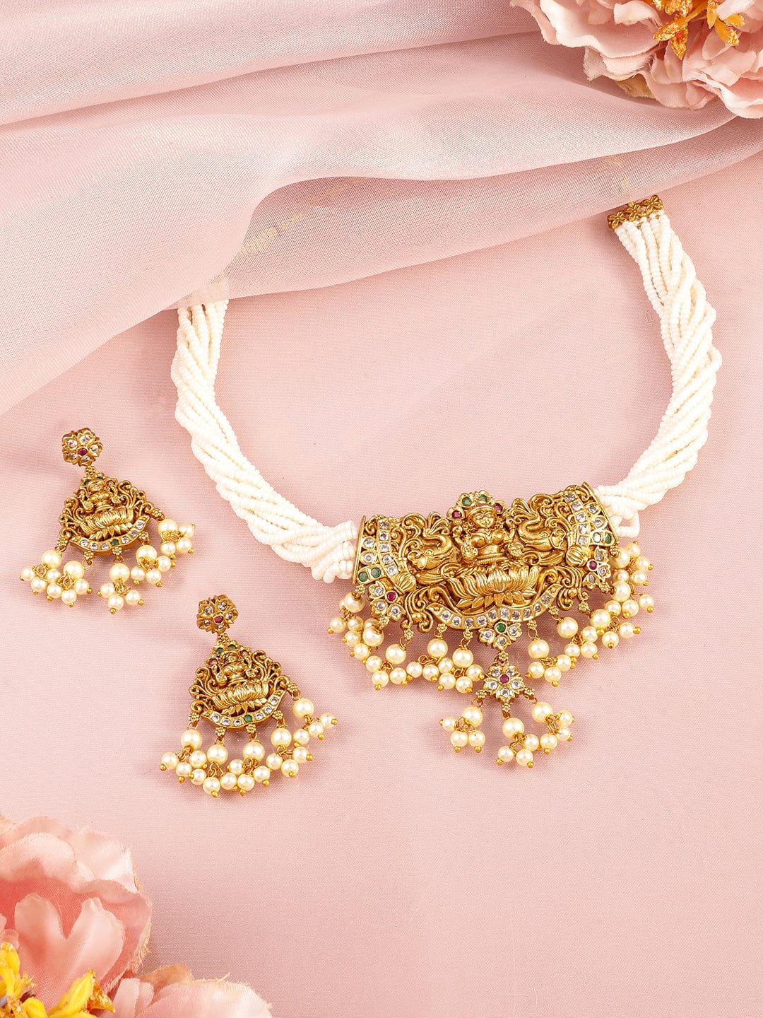 Golden Temple Necklace Set with Pearl Drop