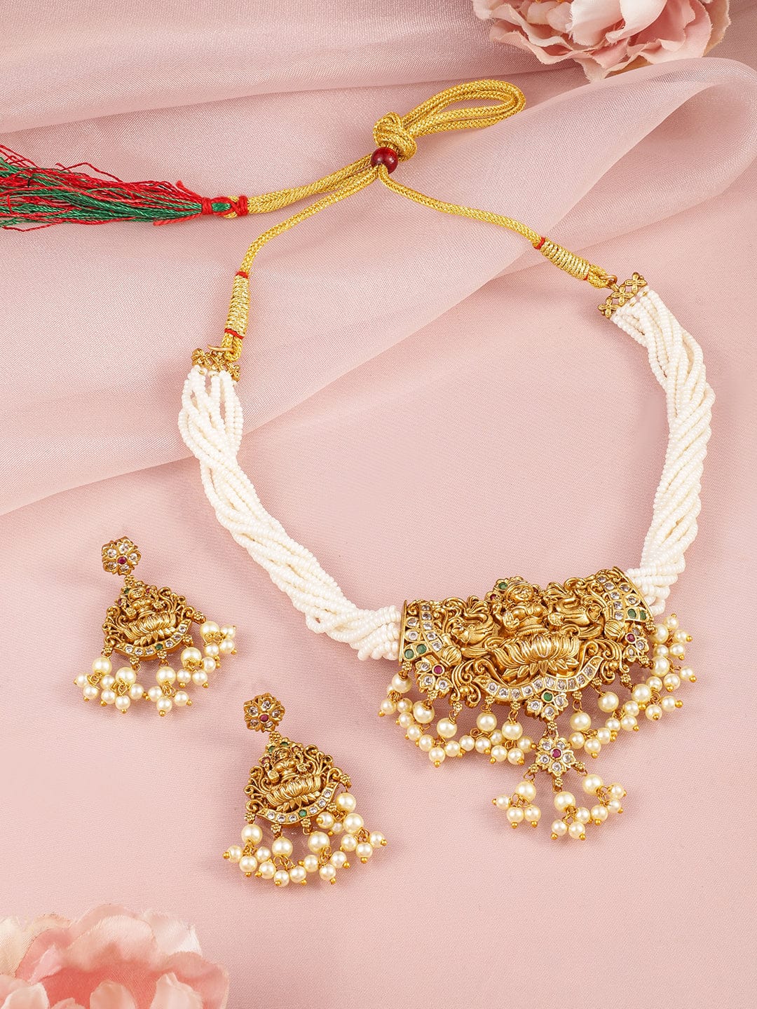 Golden Temple Necklace Set with Pearl Drop