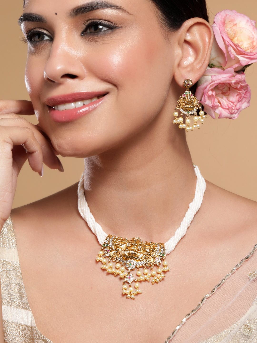 Golden Temple Necklace Set with Pearl Drop