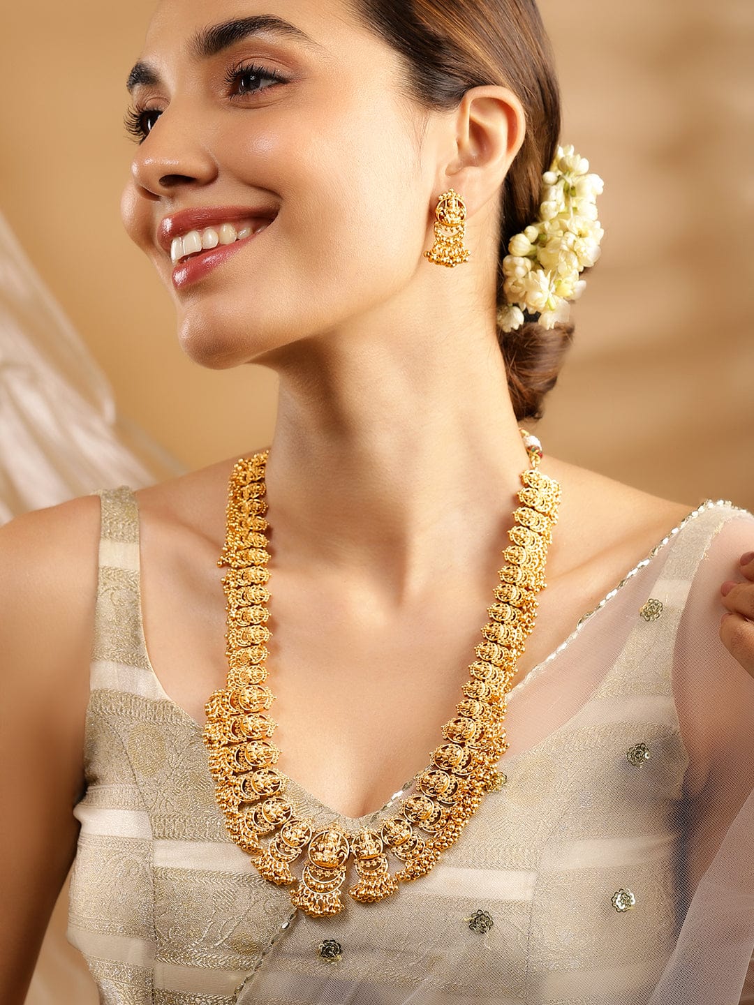 Wentra 22K Gold-Plated Divine Lakshmi Motif Temple Jewellery Set with Gold Bead Accents