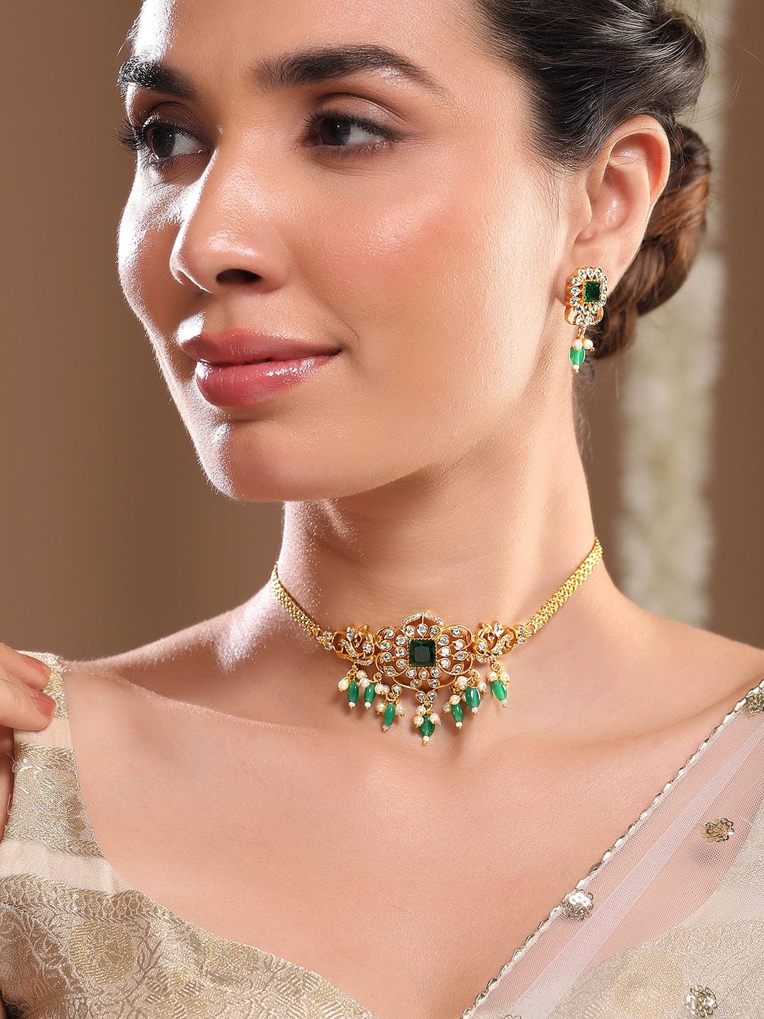 American Diamond Zirconia Green Beaded Necklace Set