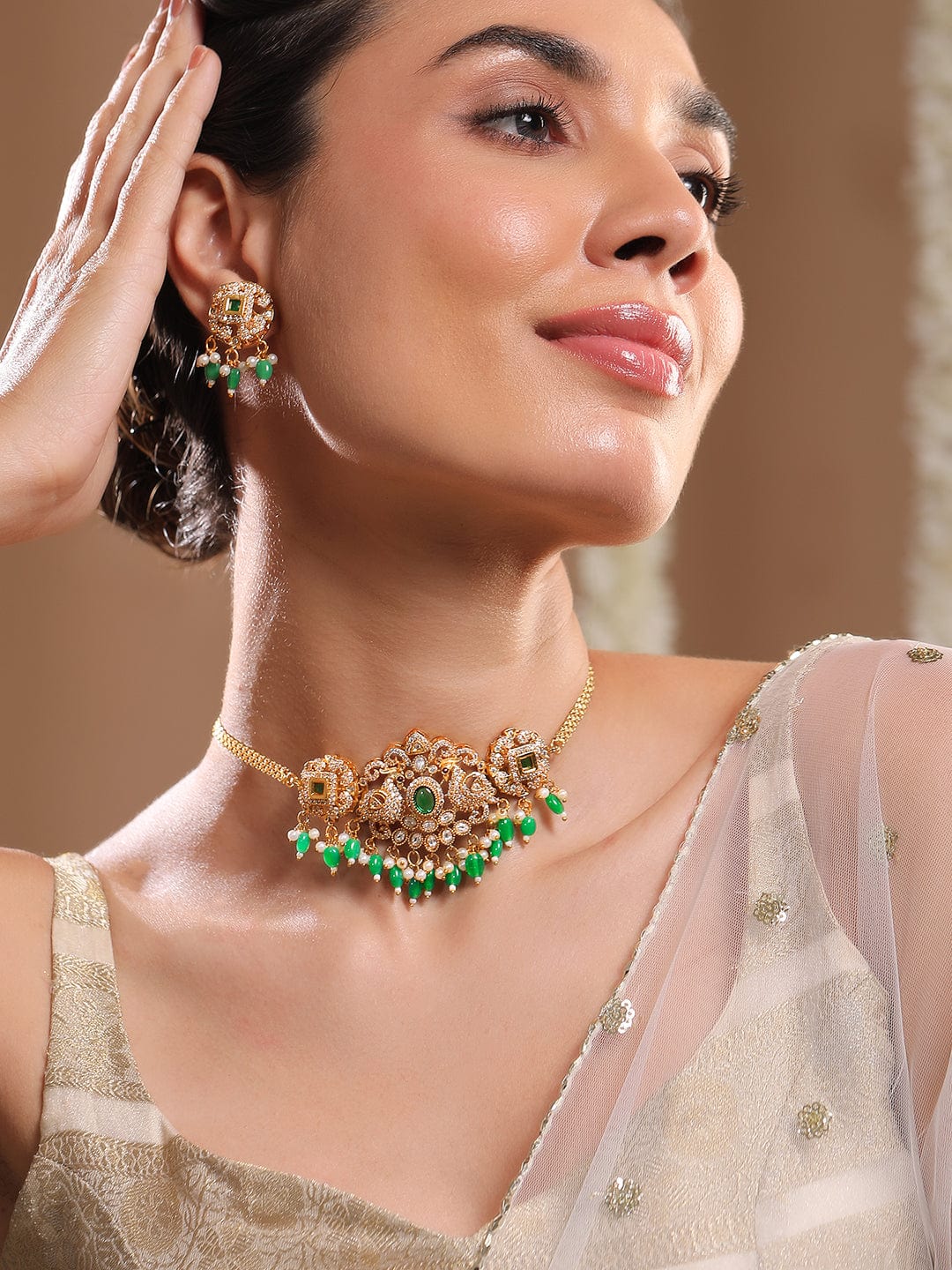Green Beaded American Diamond Zirconia Necklace Set