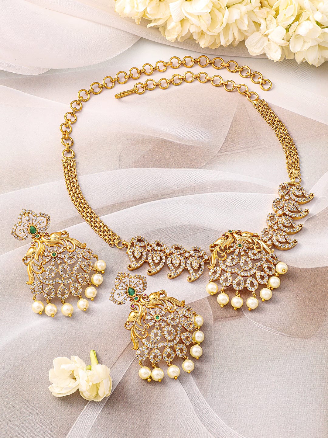 American Diamond Zirconia Pearl Necklace Set