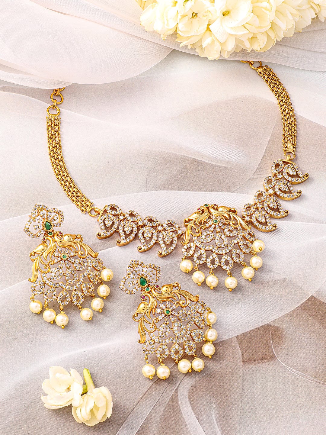 American Diamond Zirconia Pearl Necklace Set