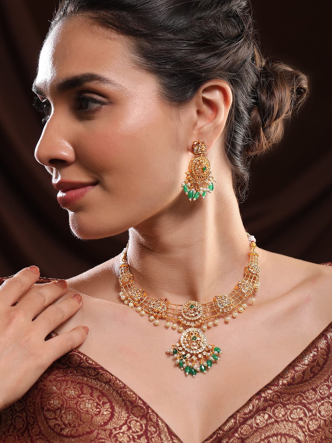 American Diamond Zirconia Green & Pearl Beaded Necklace Set