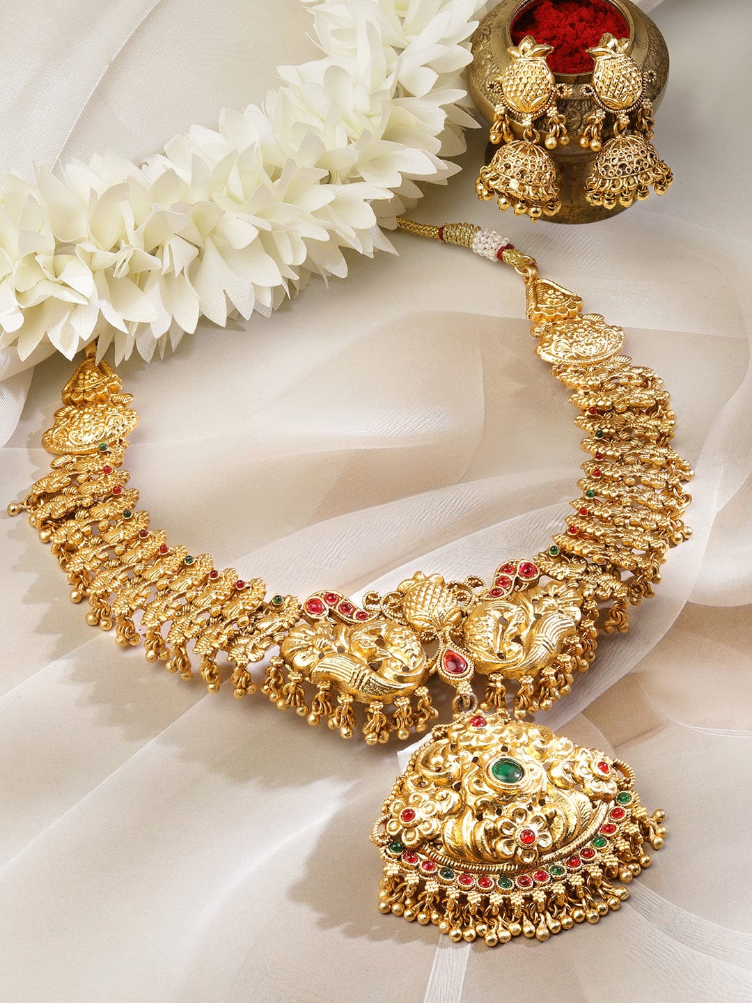 Lakshmi Motif Pink & Green Studded Necklace Set