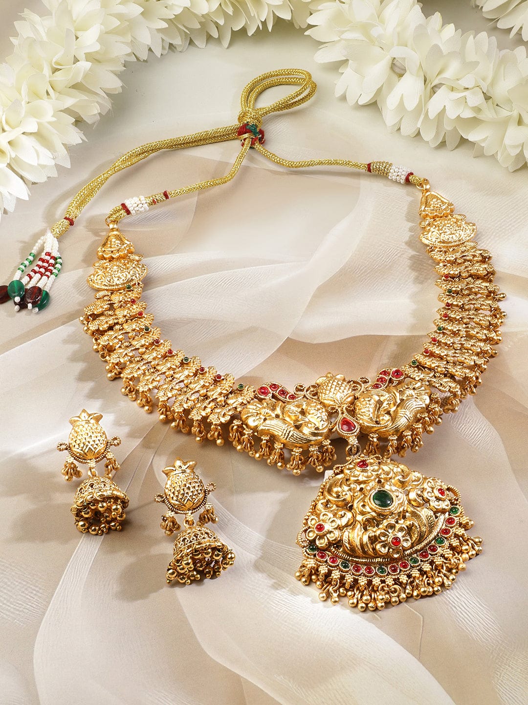 Lakshmi Motif Pink & Green Studded Necklace Set