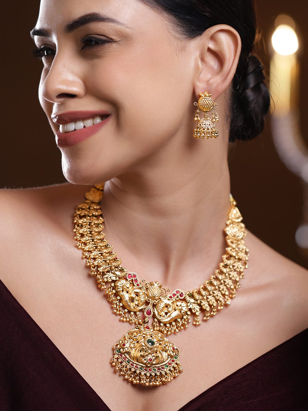 Lakshmi Motif Pink & Green Studded Necklace Set