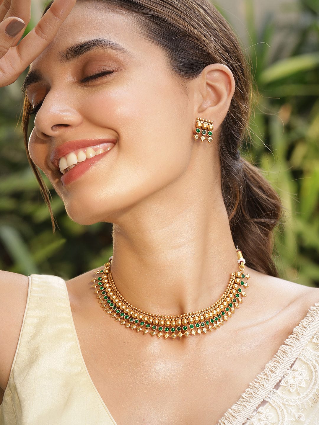 Green Studded Golden Beads Necklace Set